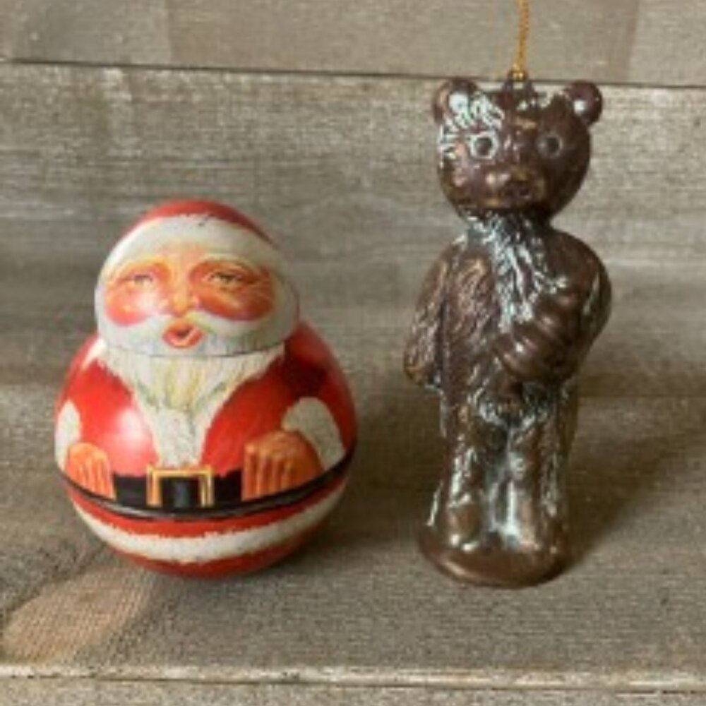Vintage metal Santa Christmas decor and metal bear hanging ornament